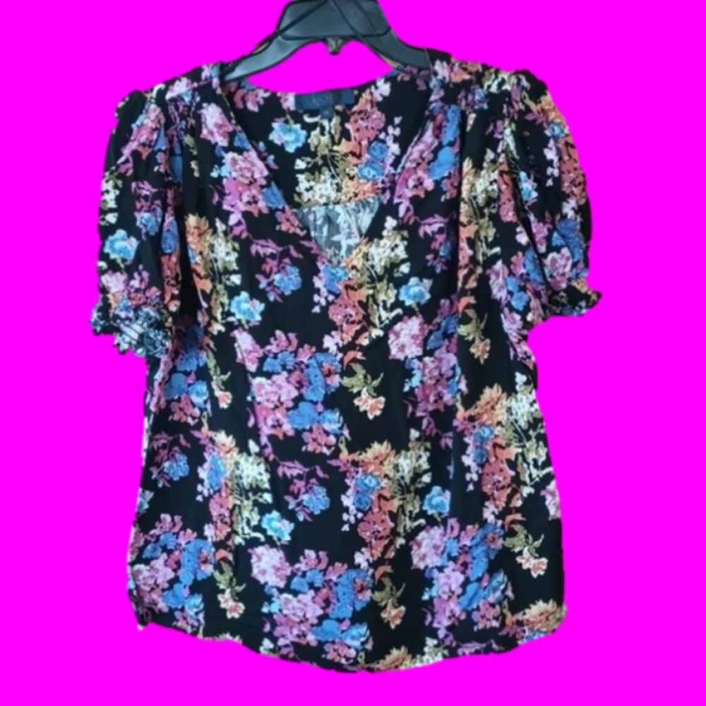 C2-6 Floral Puff Short Sleeve Wide V Neck Top 1x